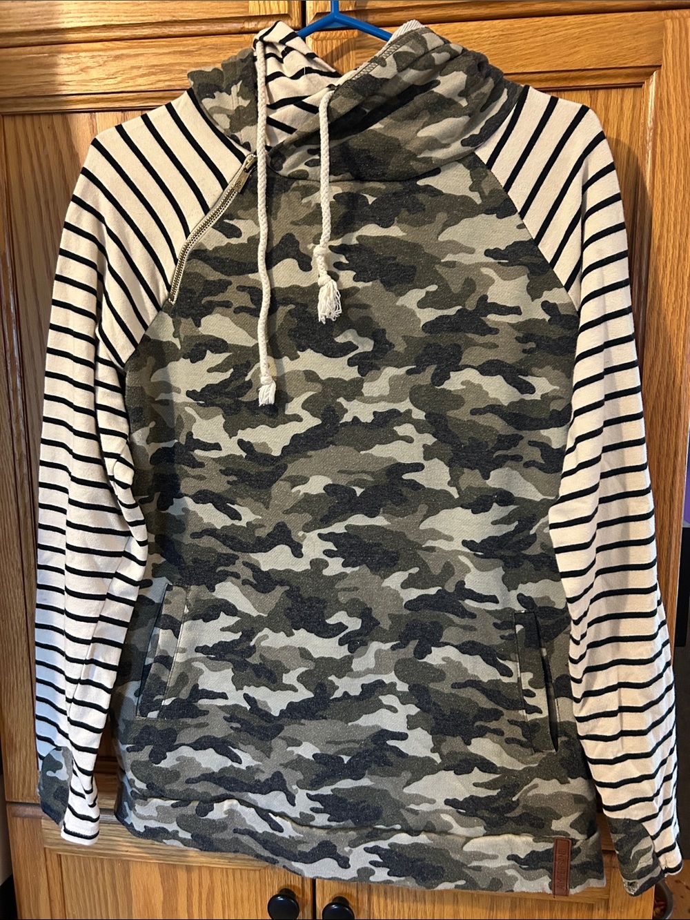 AMPERSAND AVE Green Camo Double Hooded Hoodie with Striped Sleeves